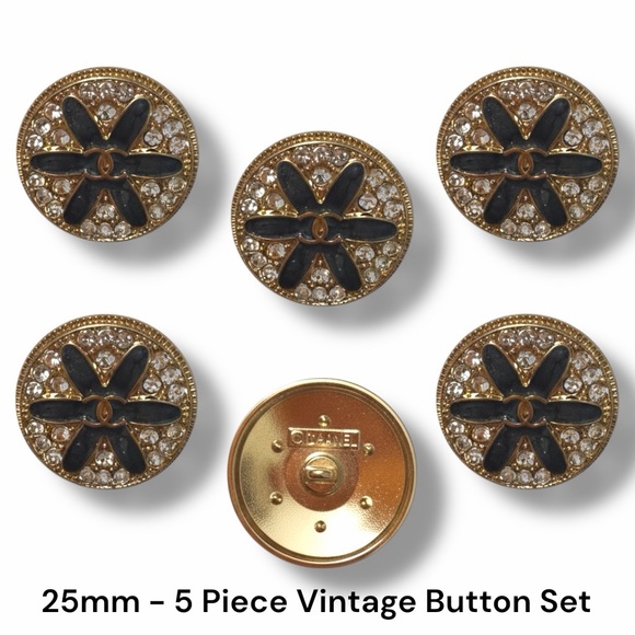 Unbranded Other - Set of 5 Vintage Stamped Designer Luxury Buttons Black & Gold Flower - 25mm